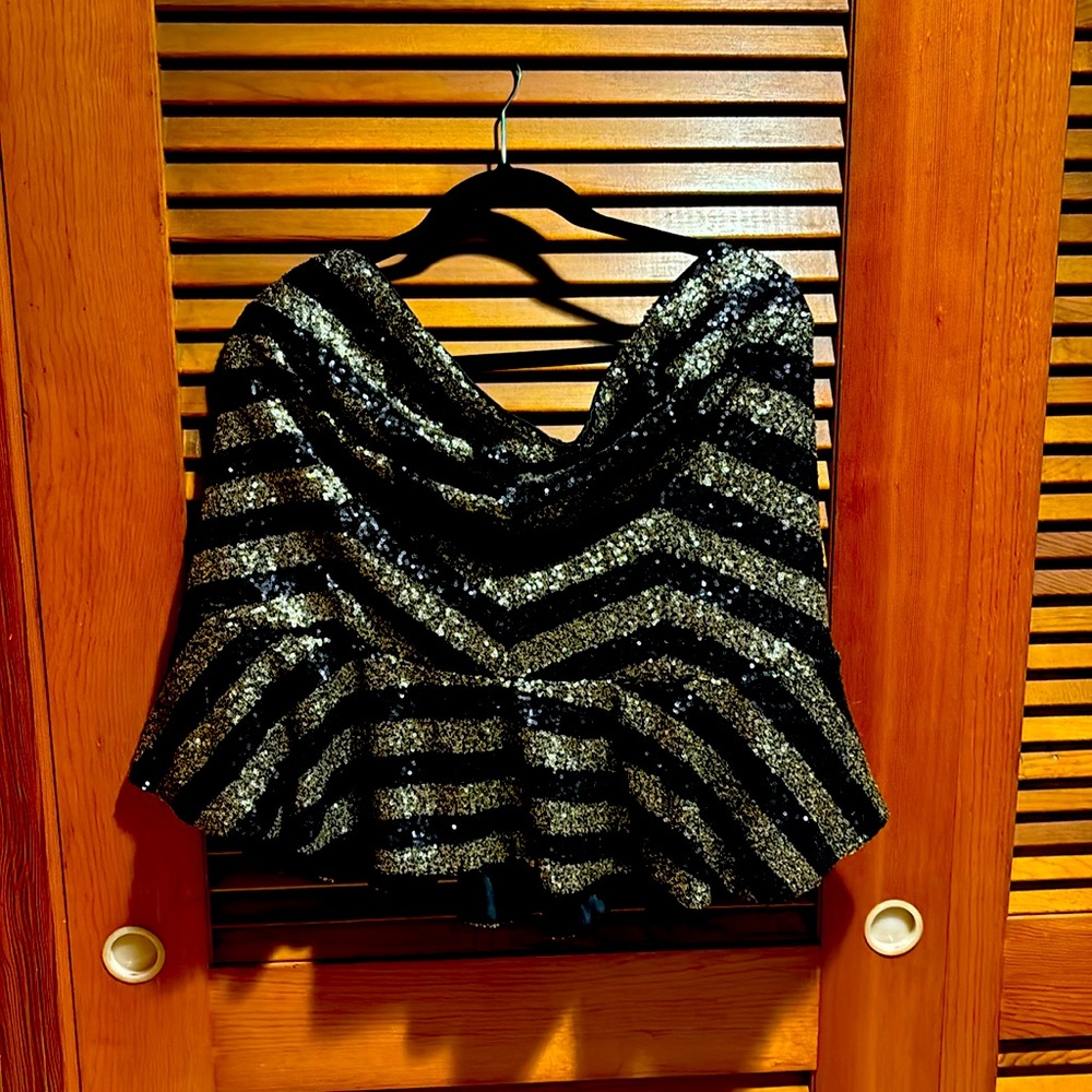 Lane Bryant Black & Gold Sequined Strapless Peplum Top